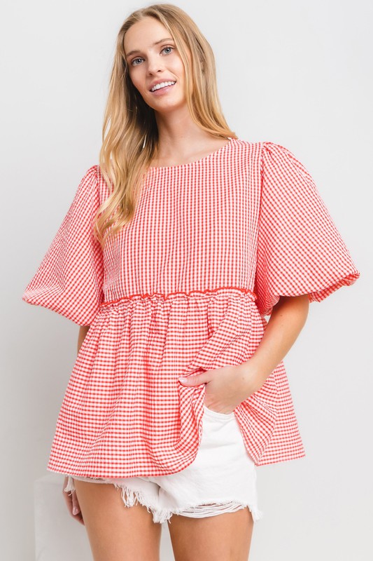 RED GINGHAM PUFF SLEEVES BLOUSE TOP TJ10664N