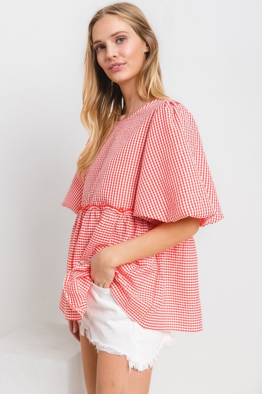 RED GINGHAM PUFF SLEEVES BLOUSE TOP TJ10664N