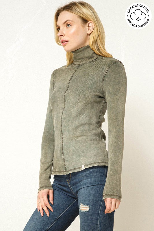 OLIVE ORGANIC COTTON RIBBED TURTLENECK TOP CFTJ10919MW