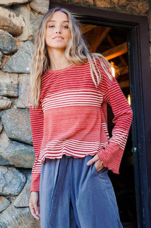 RUST STRIPE CREW NECK LONG SLEEVES KNIT TOP CFTS12732