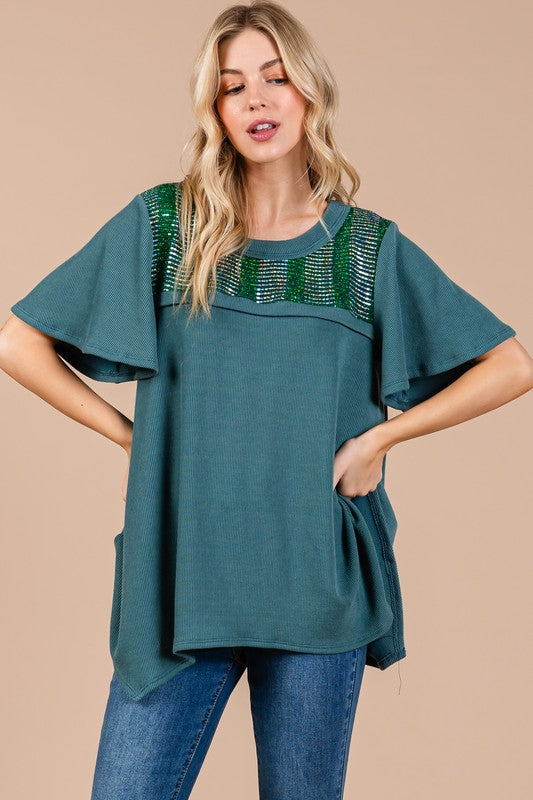 TEAL SOFT RIBBED RETRO RHINESTONE SHORT BELL SLEEVES KNIT TOP CFTT3584SB