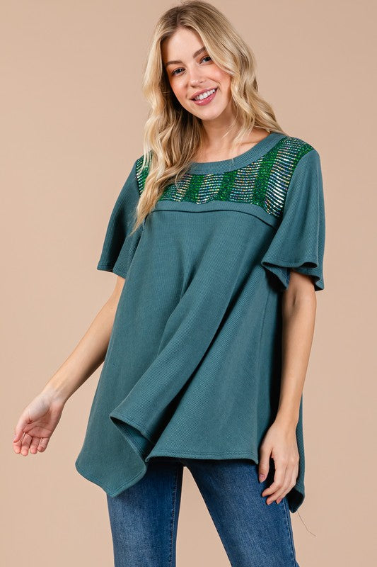 TEAL SOFT RIBBED RETRO RHINESTONE SHORT BELL SLEEVES KNIT TOP CFTT3584SB