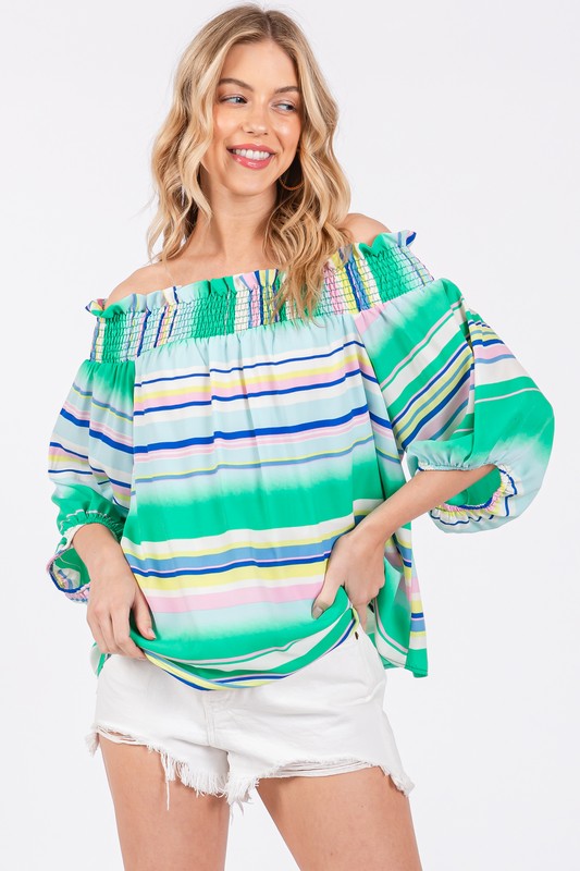 GREEN STRIPED OFF SHOULDER SMOCKING TOP TU13624PB