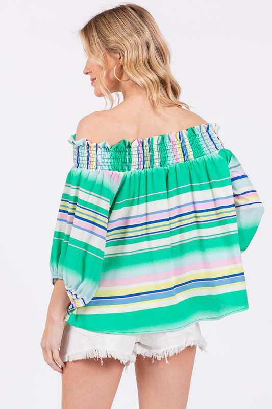 GREEN STRIPED OFF SHOULDER SMOCKING TOP TU13624PB