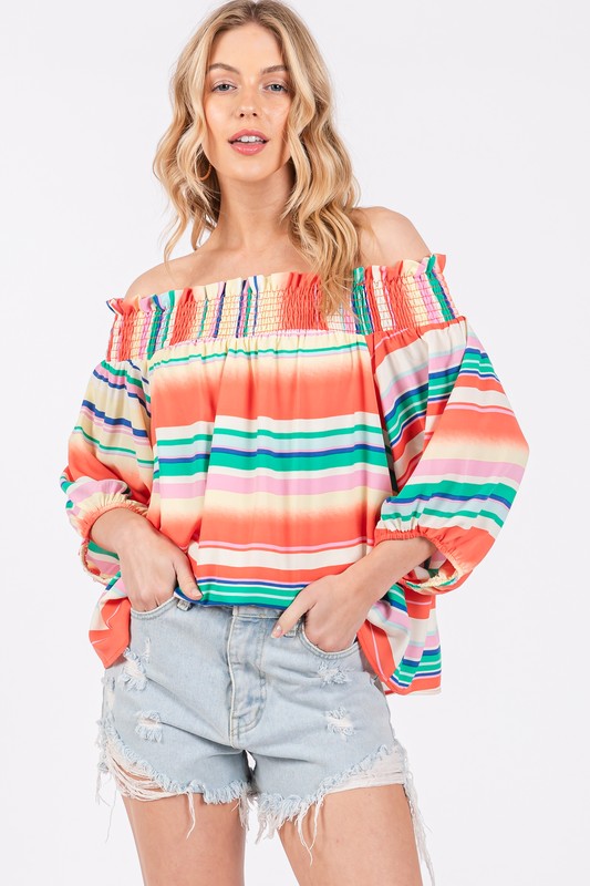 ORANGE STRIPED OFF SHOULDER SMOCKING TOP TU13624PB