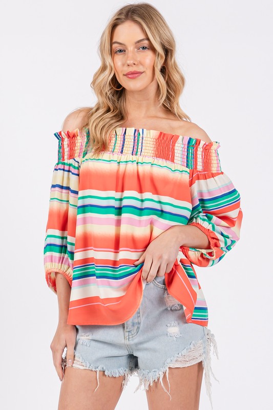 ORANGE STRIPED OFF SHOULDER SMOCKING TOP TU13624PB