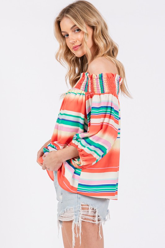 ORANGE STRIPED OFF SHOULDER SMOCKING TOP TU13624PB