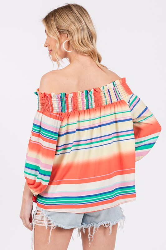 ORANGE STRIPED OFF SHOULDER SMOCKING TOP TU13624PB