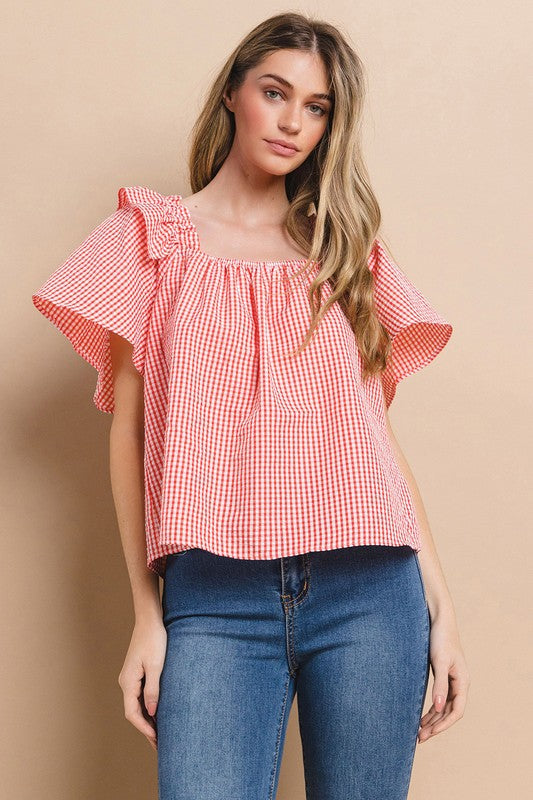 RED GINGHAM SQUARE NECK RUFFLED BLOUSE TOP TU13637PA