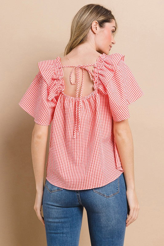 RED GINGHAM SQUARE NECK RUFFLED BLOUSE TOP TU13637PA