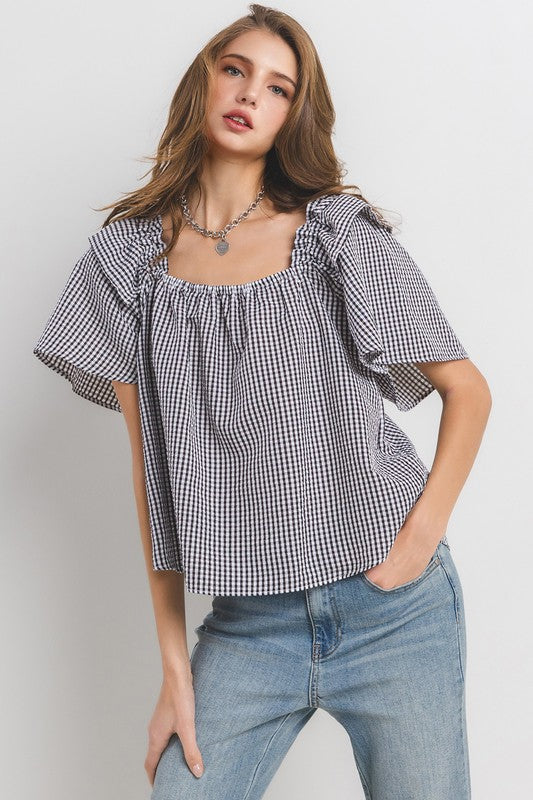 BLACK GINGHAM SQUARE NECK RUFFLED BLOUSE TOP TU13637PA