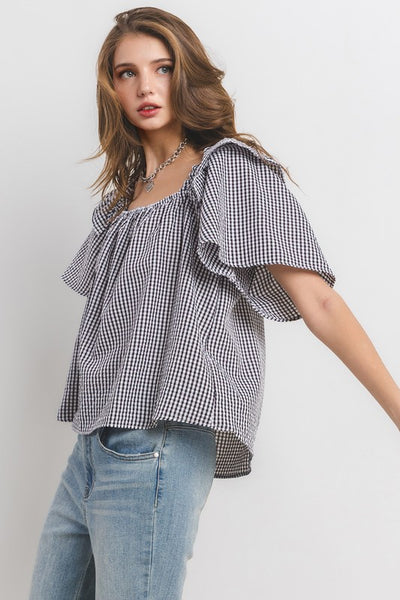 BLACK GINGHAM SQUARE NECK RUFFLED BLOUSE TOP TU13637PA