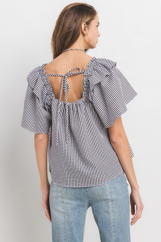 BLACK GINGHAM SQUARE NECK RUFFLED BLOUSE TOP TU13637PA