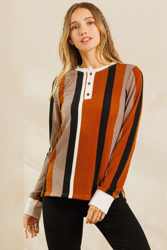 MUSTARD STRIPED COLOR BLOCK STRETCH KNIT TOP TY10837NPB