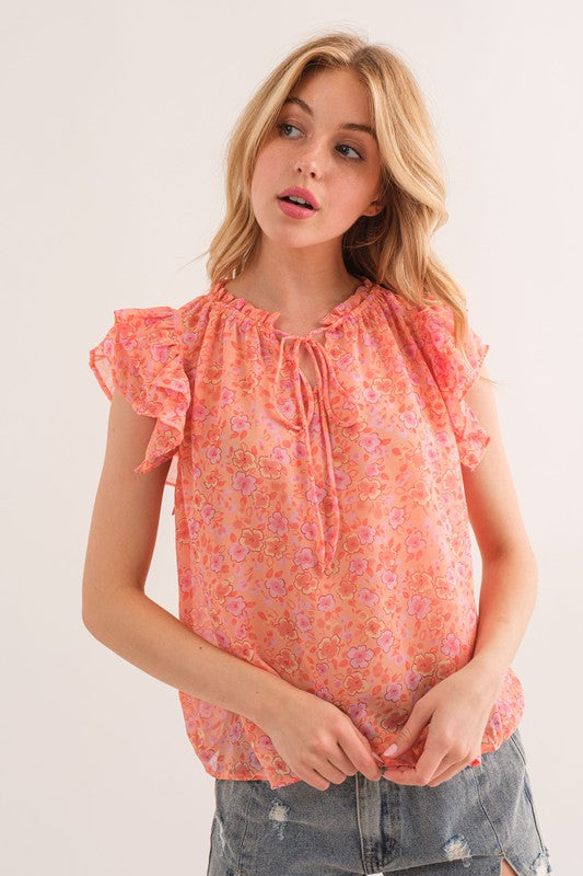 PEACH FLORAL PRINT SEE-THROUGH RUFFLE SLEEVES BLOUSE TOP TY12817PA