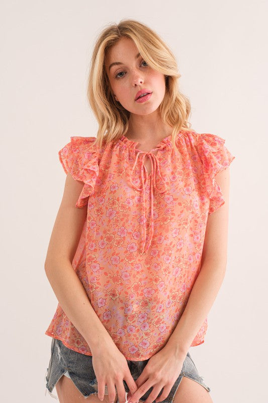 PEACH FLORAL PRINT SEE-THROUGH RUFFLE SLEEVES BLOUSE TOP TY12817PA