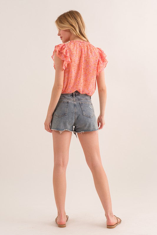 PEACH FLORAL PRINT SEE-THROUGH RUFFLE SLEEVES BLOUSE TOP TY12817PA