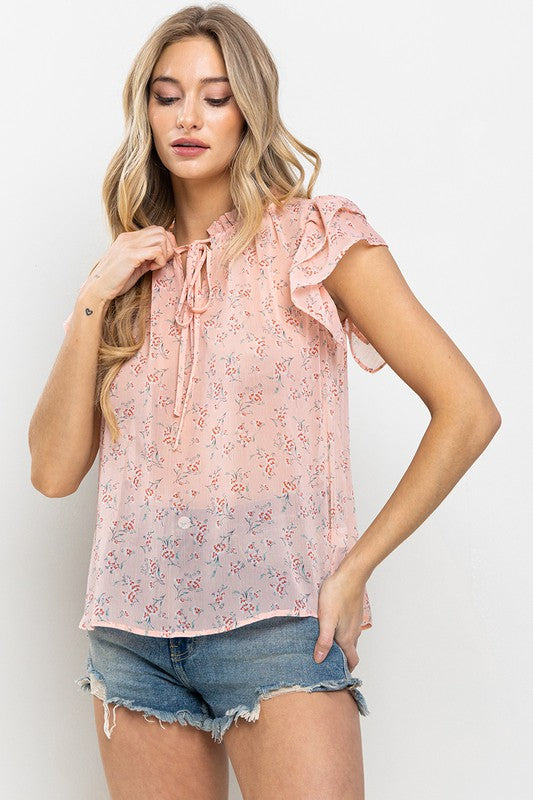 PEACH FLORAL PRINT RUFFLED BLOUSE TOP TY12817PC