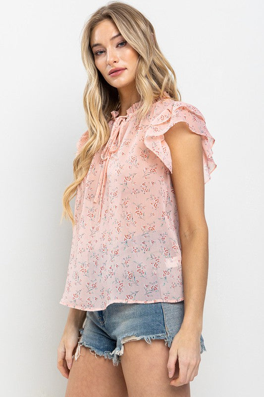 PEACH FLORAL PRINT RUFFLED BLOUSE TOP TY12817PC