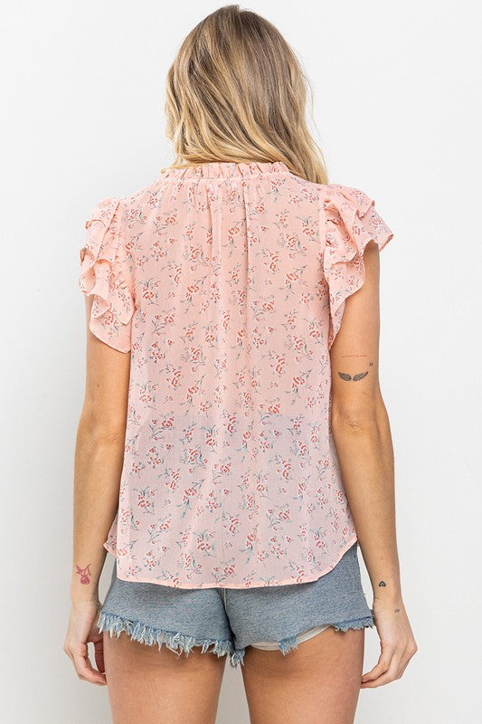 PEACH FLORAL PRINT RUFFLED BLOUSE TOP TY12817PC