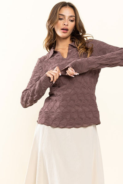BROWN TEXTURED COLLARED FITTED LONG SLEEVE TOP TY12837