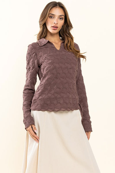 BROWN TEXTURED COLLARED FITTED LONG SLEEVE TOP TY12837