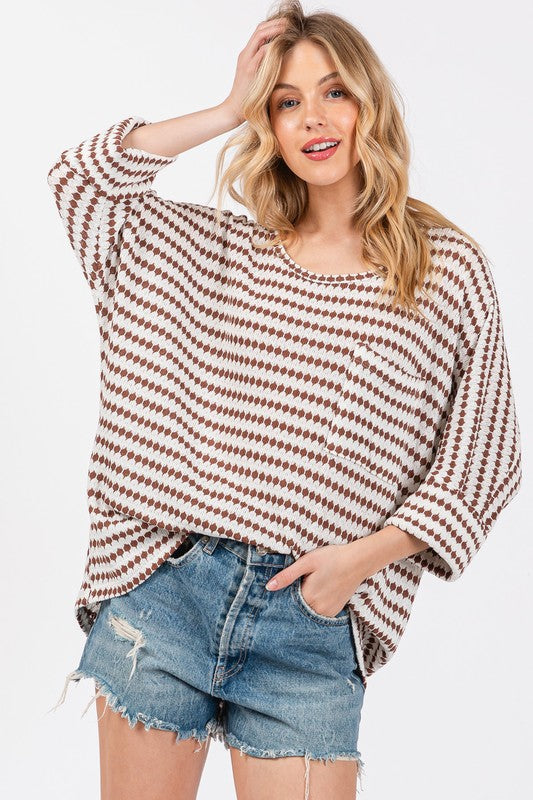 BROWN STRIPED 3/4 SLEEVES FRONT PATCH POCKET KNIT TOP CFTY12894SB