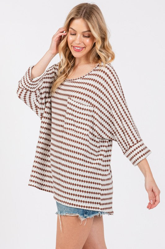 BROWN STRIPED 3/4 SLEEVES FRONT PATCH POCKET KNIT TOP CFTY12894SB