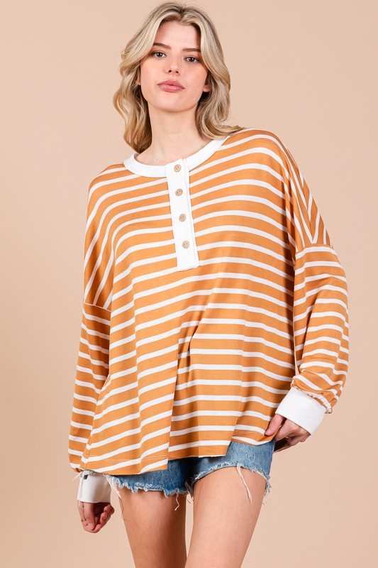 CAMEL/SAGE STRIPE BUTTON FRONT LONG SLEEVES KNIT TOP CFTY12924STA