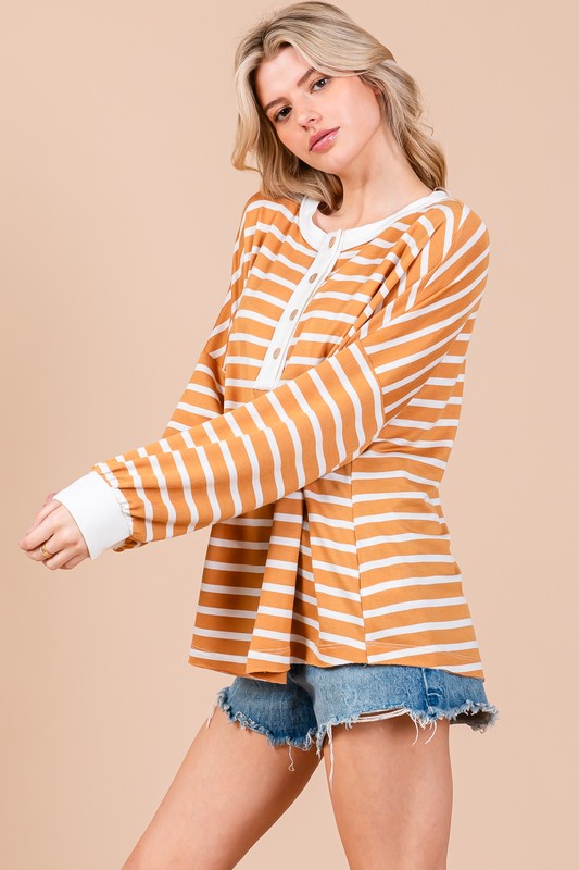 CAMEL/SAGE STRIPE BUTTON FRONT LONG SLEEVES KNIT TOP CFTY12924STA