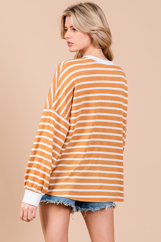 CAMEL/SAGE STRIPE BUTTON FRONT LONG SLEEVES KNIT TOP CFTY12924STA