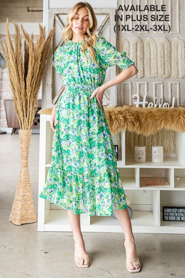 GREEN FLORAL PRINT SHORT SLEEVES PLUS SIZE MIDI DRESS W4288-W45