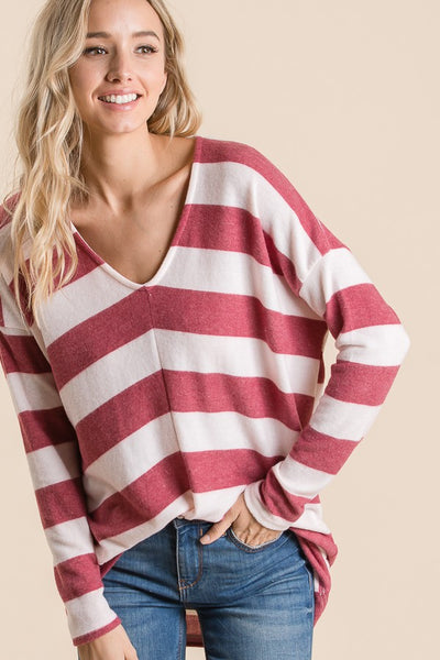 WINE V-NECK STRIPED LONG SLEEVES TOP T5175-HC50