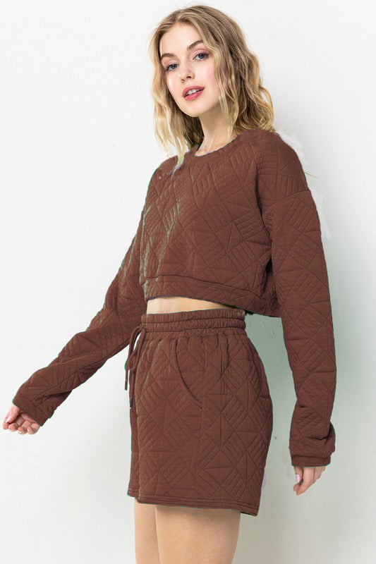 BROWN QUILTED CROP TOP AND SHORTS SET SIC70049LS