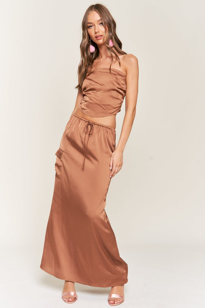 LT. BROWN SATIN BANDEAU CROP TOP AND MAXI SKIRT SET S9946