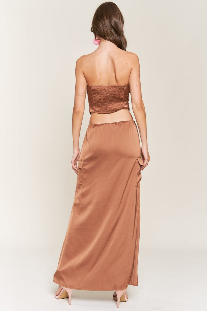 LT. BROWN SATIN BANDEAU CROP TOP AND MAXI SKIRT SET S9946