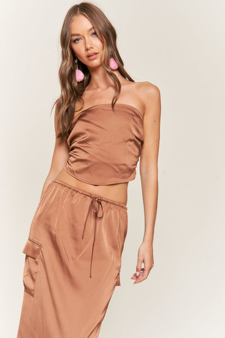 LT. BROWN SATIN BANDEAU CROP TOP T9946