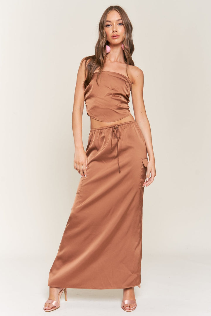 LT. BROWN SATIN BANDEAU CROP TOP AND MAXI SKIRT SET S9946