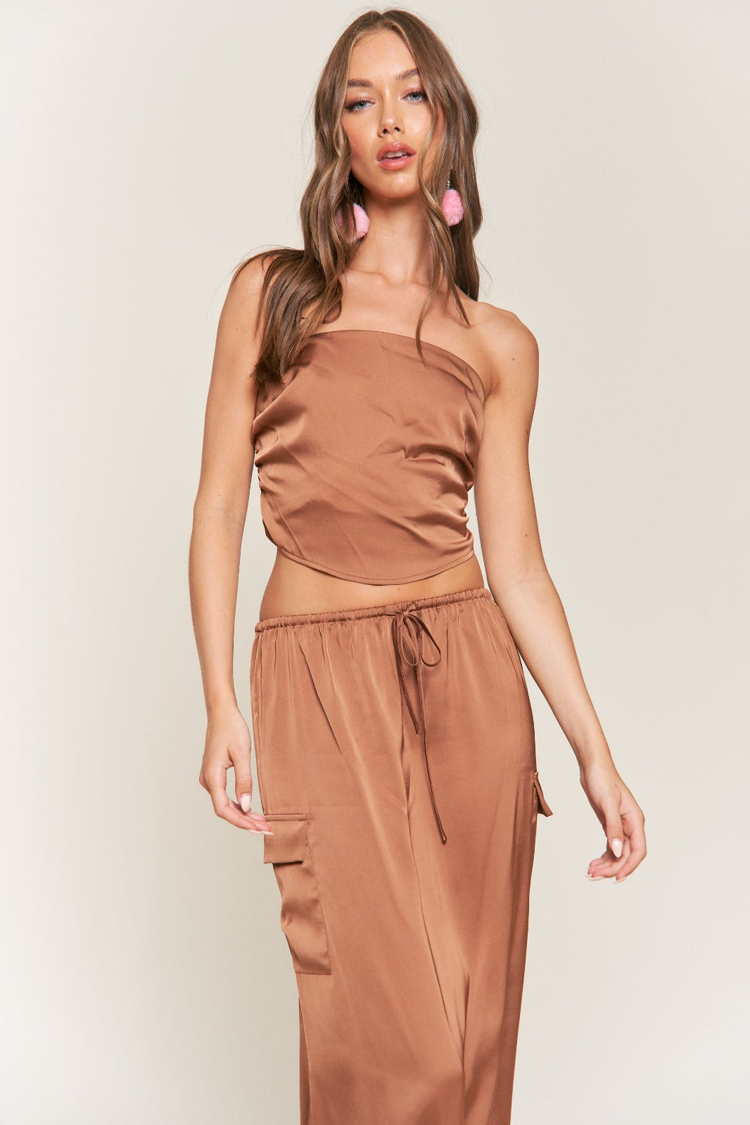 LT. BROWN SATIN BANDEAU CROP TOP AND MAXI SKIRT SET S9946