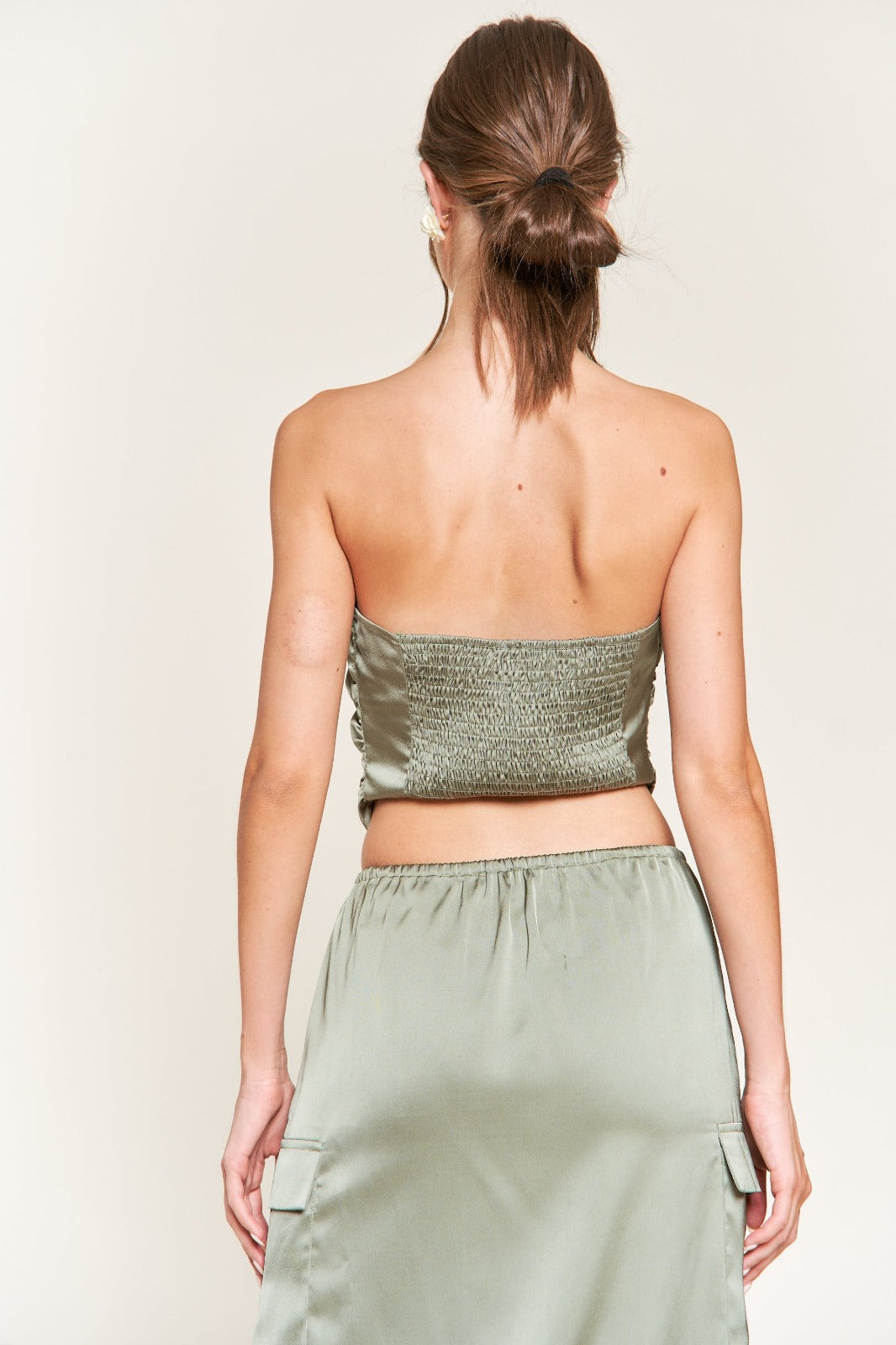 SAGE GREEN SATIN BANDEAU CROP TOP T9946