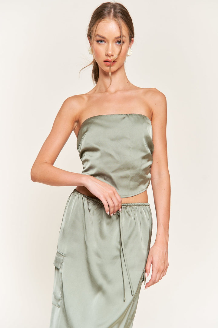 SAGE GREEN SATIN BANDEAU CROP TOP T9946