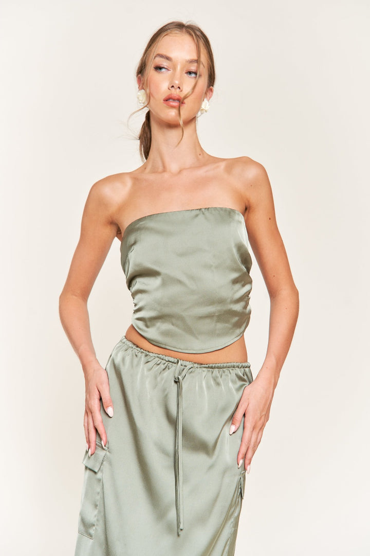 SAGE GREEN SATIN BANDEAU CROP TOP T9946