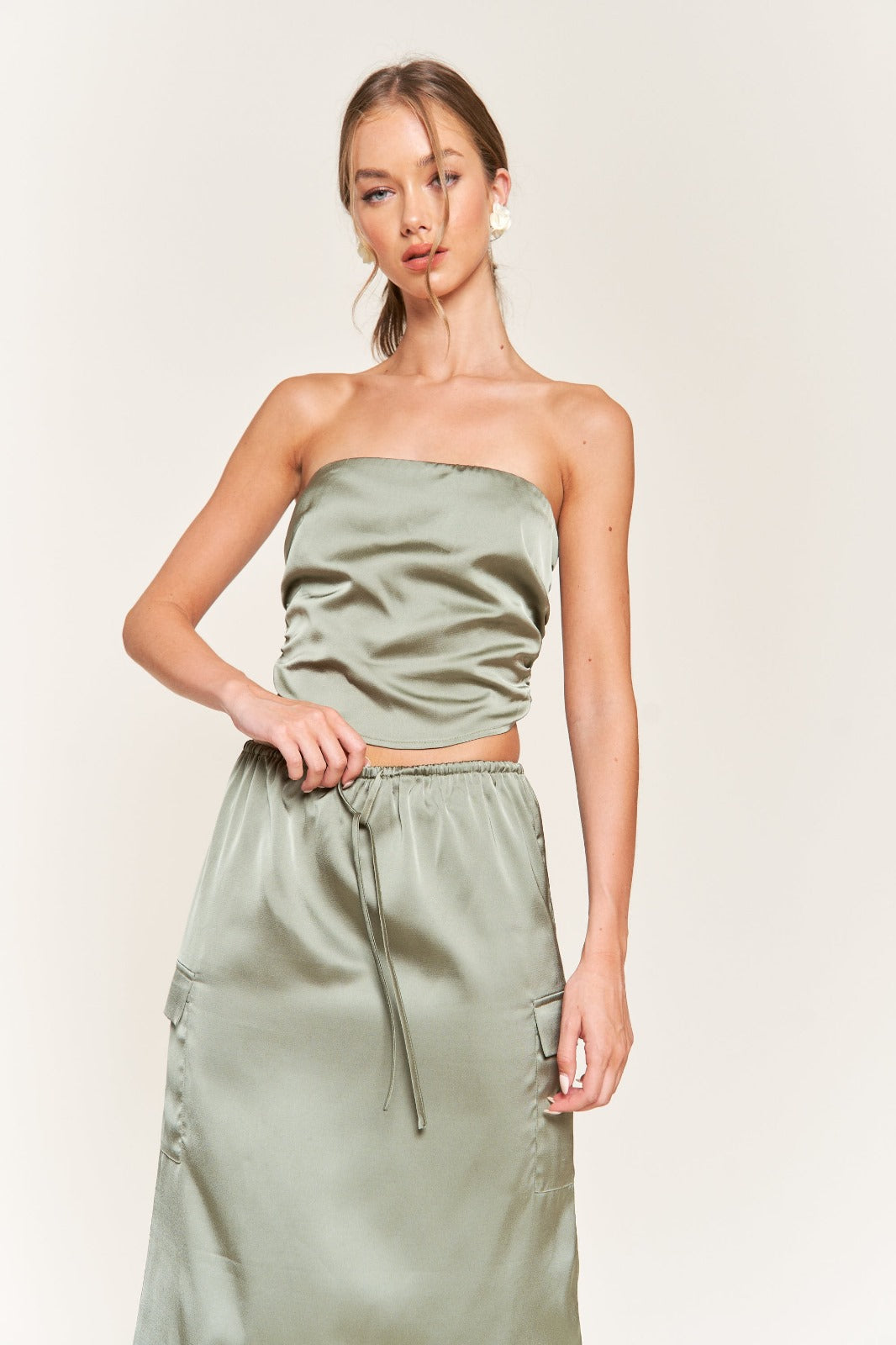 SAGE GREEN SATIN BANDEAU CROP TOP T9946