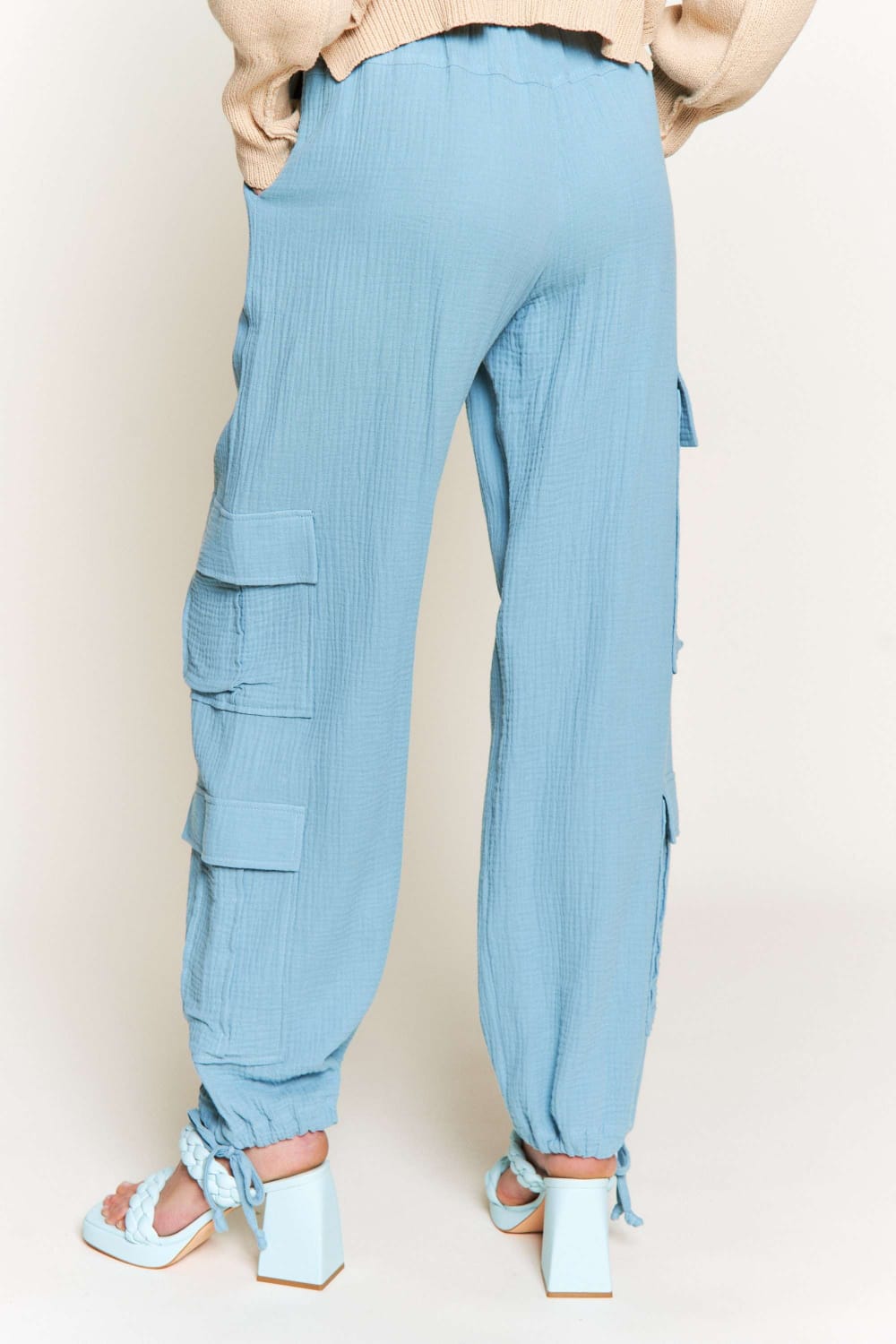 DUSTY BLUE LINEN WIDE LEG CARGO PANTS P9334