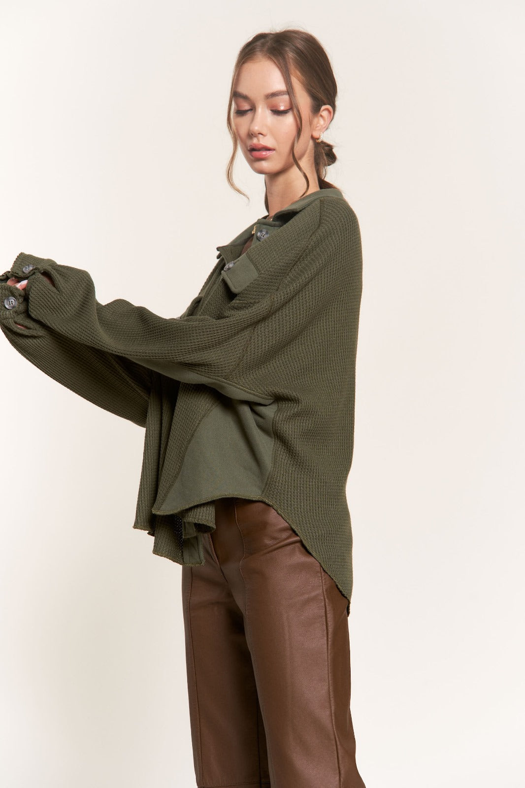 OLIVE COLLARED RIBBED KNIT LONG SLEEVES JACKET T8293