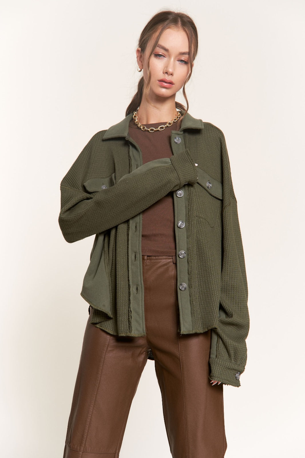 OLIVE COLLARED RIBBED KNIT LONG SLEEVES JACKET T8293