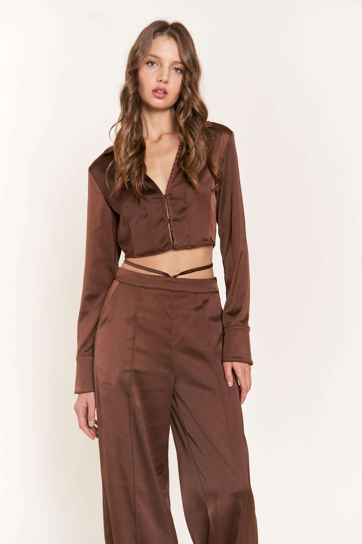 DARK BROWN LONG SLEEVES CROP TOP T8723