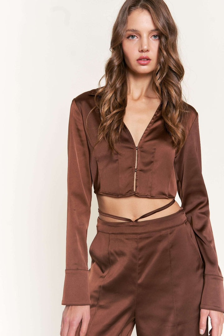 DARK BROWN LONG SLEEVES CROP TOP T8723