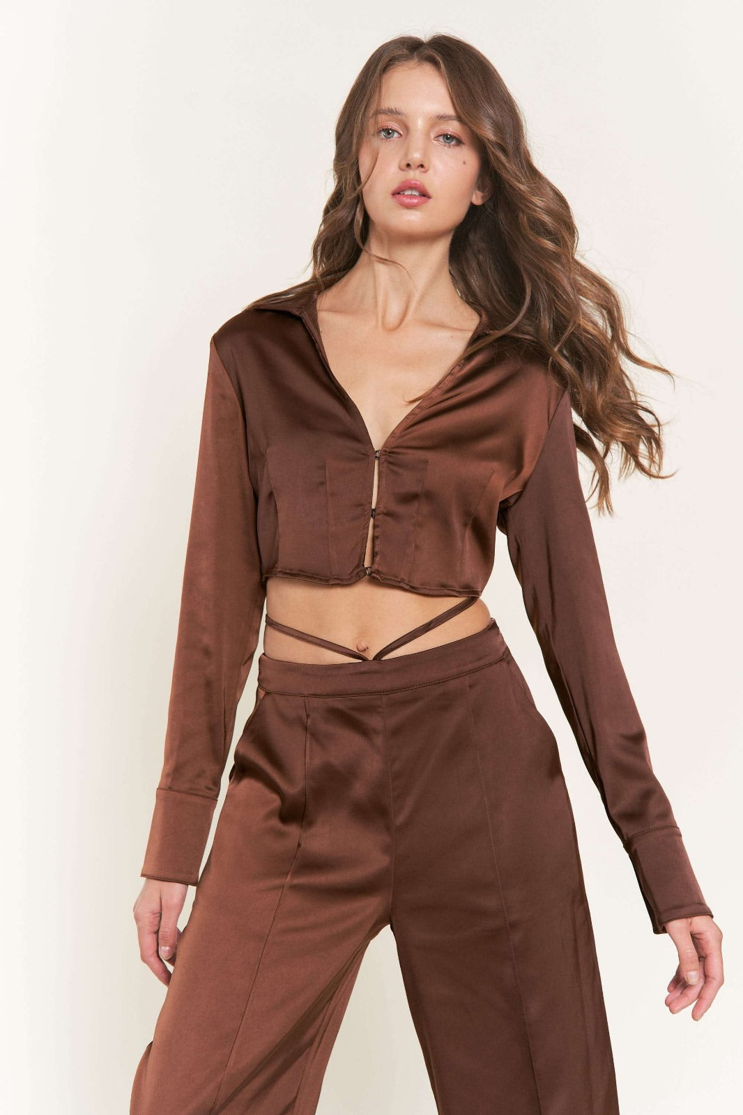 DARK BROWN LONG SLEEVES CROP TOP T8723