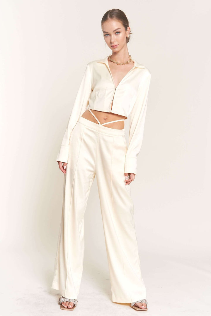 IVORY LONG SLEEVES CROP TOP AND PANTS SET T8723